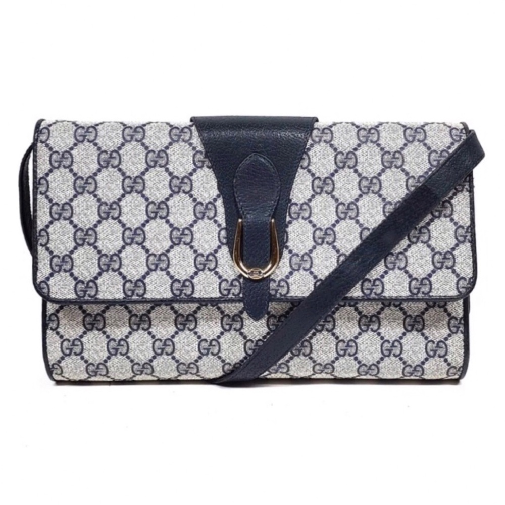 GUCCI GG Supreme Horse Bit Navy Clutch Crossbody Bag Silver Hardware DUST BAG